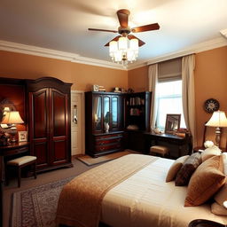 A cozy bedroom featuring a large double bed with elegant bedding, a stylish lamp providing soft illumination, and walls painted in a warm beige color