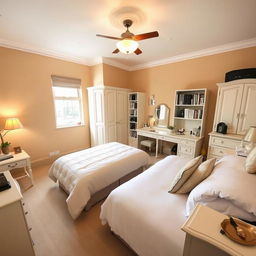 A cozy bedroom featuring a large double bed with elegant bedding, a stylish lamp providing soft illumination, and walls painted in a warm beige color