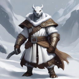 A white dragonborn from Dungeons and Dragons, dressed in a Viking-style boar smock, against a snowy backdrop