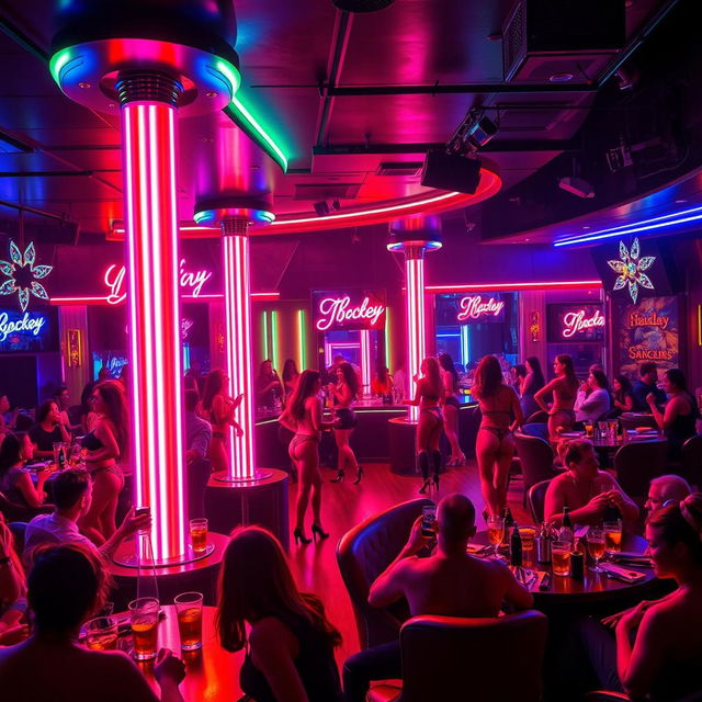 A vibrant and lively strip club scene, featuring colorful neon lights, a dynamic stage with elegant poles, and several attractive dancers in glamorous outfits performing