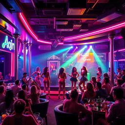 A vibrant and lively strip club scene, featuring colorful neon lights, a dynamic stage with elegant poles, and several attractive dancers in glamorous outfits performing