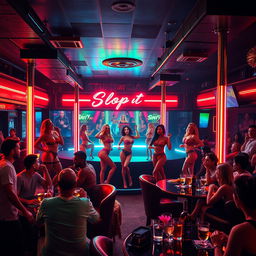 A vibrant and lively strip club scene, featuring colorful neon lights, a dynamic stage with elegant poles, and several attractive dancers in glamorous outfits performing