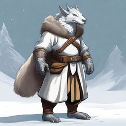 A white dragonborn from Dungeons and Dragons, dressed in a Viking-style boar smock, against a snowy backdrop