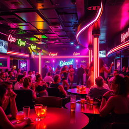 A vibrant and lively strip club scene, featuring colorful neon lights, a dynamic stage with elegant poles, and several attractive dancers in glamorous outfits performing