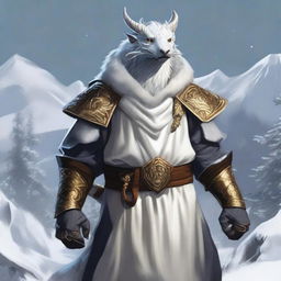 A white Dragonborn from Dungeons and Dragons, adorned in a Viking-style boar smock, set against a wintery backdrop