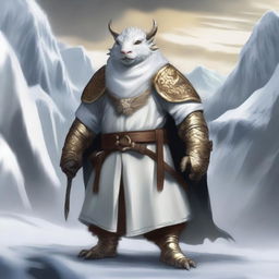 A white Dragonborn from Dungeons and Dragons, adorned in a Viking-style boar smock, set against a wintery backdrop