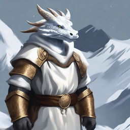 A white Dragonborn from Dungeons and Dragons, adorned in a Viking-style boar smock, set against a wintery backdrop