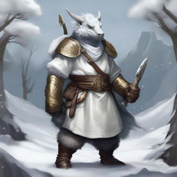 A white Dragonborn from Dungeons and Dragons, adorned in a Viking-style boar smock, set against a wintery backdrop