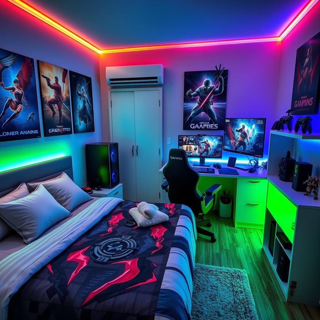 A cozy gamer bedroom featuring a beautifully made matrimonial bed