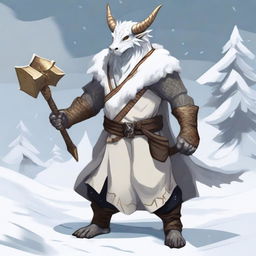 A white Dragonborn from Dungeons and Dragons in a snowy landscape, dressed in a Viking-style boar smock, bearing golden eyes and a Japanese dragon face, confidently holding an axe