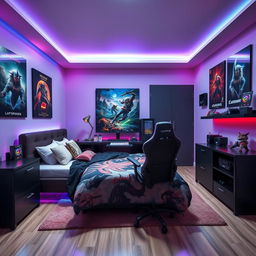 A cozy gamer bedroom featuring a beautifully made matrimonial bed