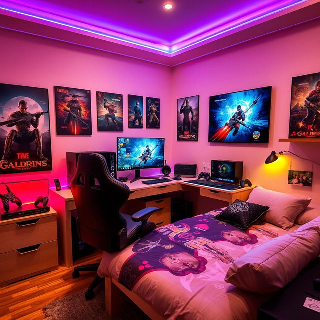 A cozy gamer bedroom featuring a beautifully made matrimonial bed