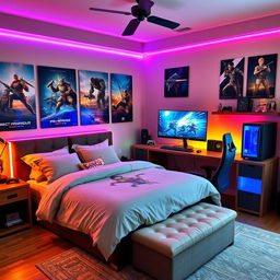 A cozy gamer bedroom featuring a beautifully made matrimonial bed