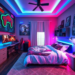 A stylish gamer bedroom featuring a spacious matrimonial bed at the center