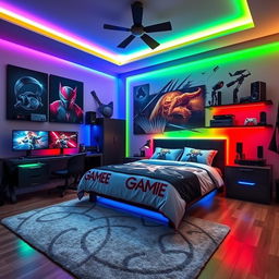 A stylish gamer bedroom featuring a spacious matrimonial bed at the center