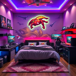 A stylish gamer bedroom featuring a spacious matrimonial bed at the center