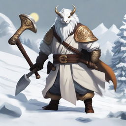 A white Dragonborn from Dungeons and Dragons in a snowy landscape, dressed in a Viking-style boar smock, bearing golden eyes and a Japanese dragon face, confidently holding an axe