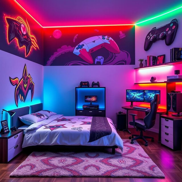 A stylish gamer bedroom featuring a spacious matrimonial bed at the center