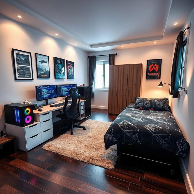 A modern gaming bedroom featuring a matrimonial bed with a stylish black geometric patterned bedding