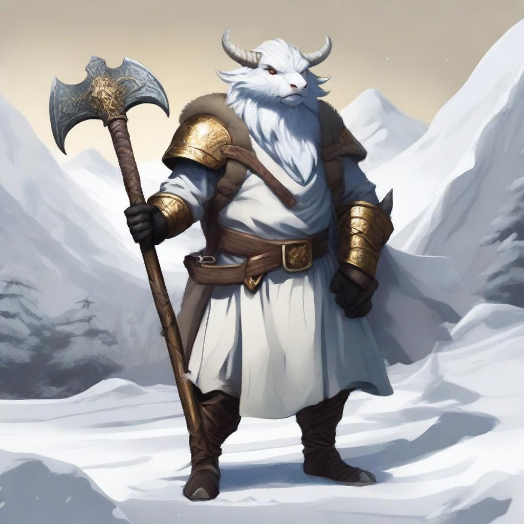 A white Dragonborn from Dungeons and Dragons in a snowy landscape, dressed in a Viking-style boar smock, bearing golden eyes and a Japanese dragon face, confidently holding an axe