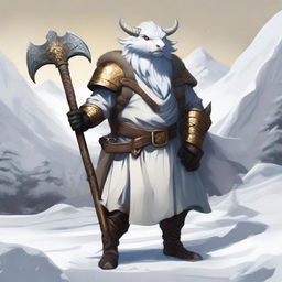 A white Dragonborn from Dungeons and Dragons in a snowy landscape, dressed in a Viking-style boar smock, bearing golden eyes and a Japanese dragon face, confidently holding an axe