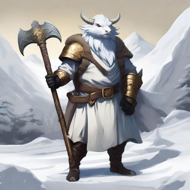 A white Dragonborn from Dungeons and Dragons in a snowy landscape, dressed in a Viking-style boar smock, bearing golden eyes and a Japanese dragon face, confidently holding an axe