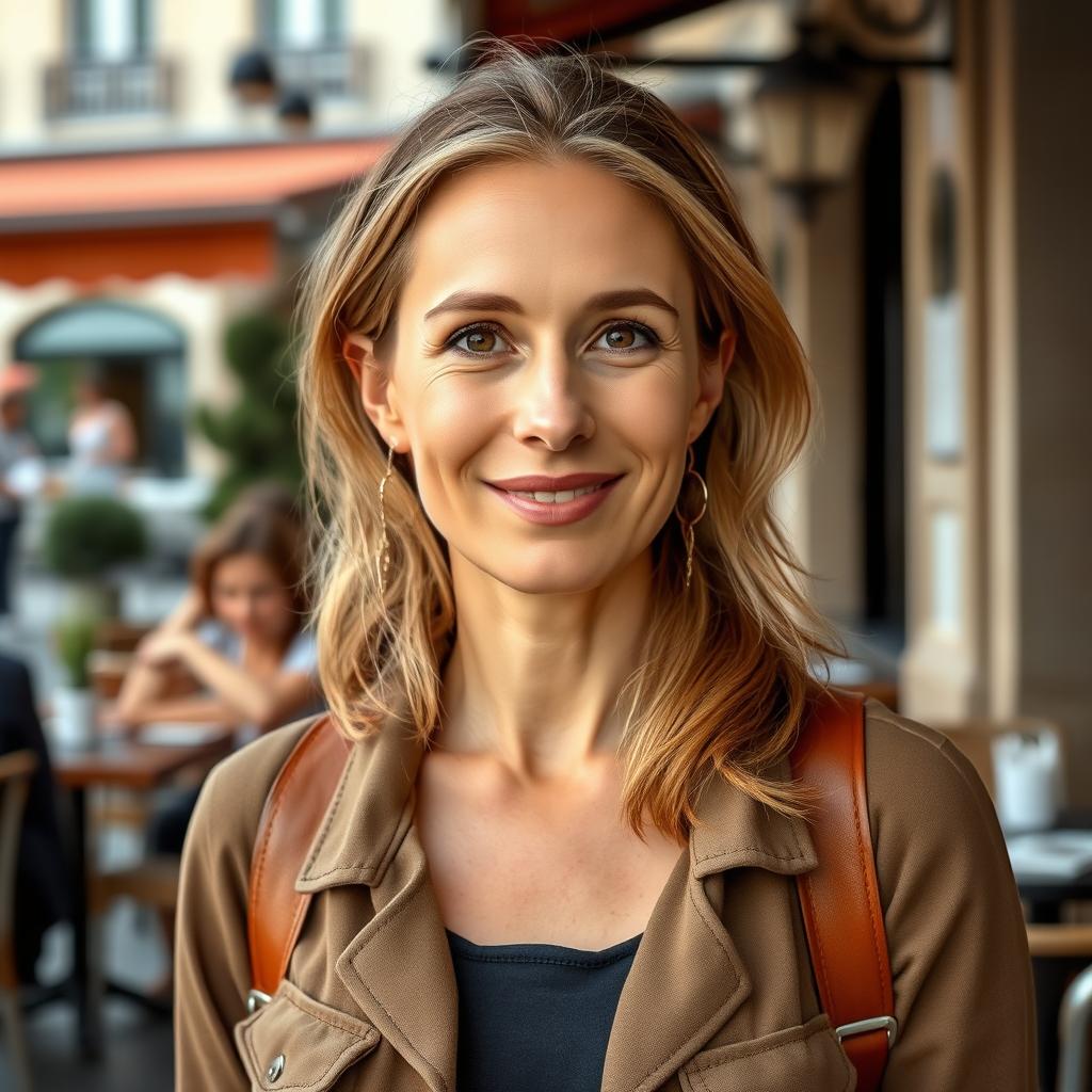 A full-length photograph of a woman aged between 30 to 45 with a natural appearance, minimal makeup, and well-kept hair