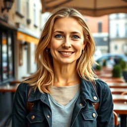 A full-length photograph of a woman aged between 30 to 45 with a natural appearance, minimal makeup, and well-kept hair