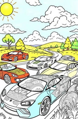 A vibrant and playful coloring book page featuring a variety of cars in different styles such as sports cars, vintage cars, and futuristic vehicles