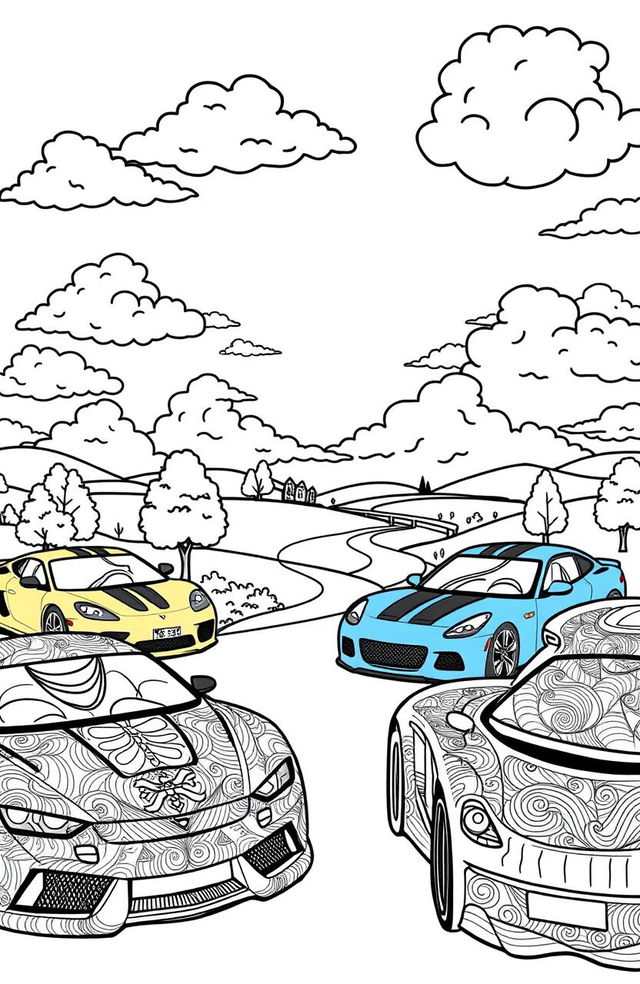 A vibrant and playful coloring book page featuring a variety of cars in different styles such as sports cars, vintage cars, and futuristic vehicles