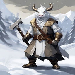 A white Dragonborn from Dungeons and Dragons in a snowy landscape, dressed in a Viking-style boar smock, bearing golden eyes and a Japanese dragon face, confidently holding an axe