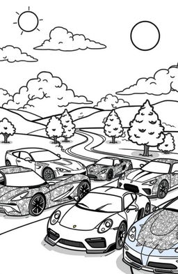 A vibrant and playful coloring book page featuring a variety of cars in different styles such as sports cars, vintage cars, and futuristic vehicles
