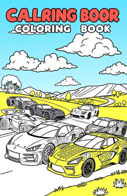 A vibrant and playful coloring book page featuring a variety of cars in different styles such as sports cars, vintage cars, and futuristic vehicles