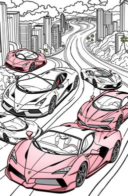 A captivating and detailed coloring book page featuring a variety of sleek and stylish supercars arranged in a dynamic composition