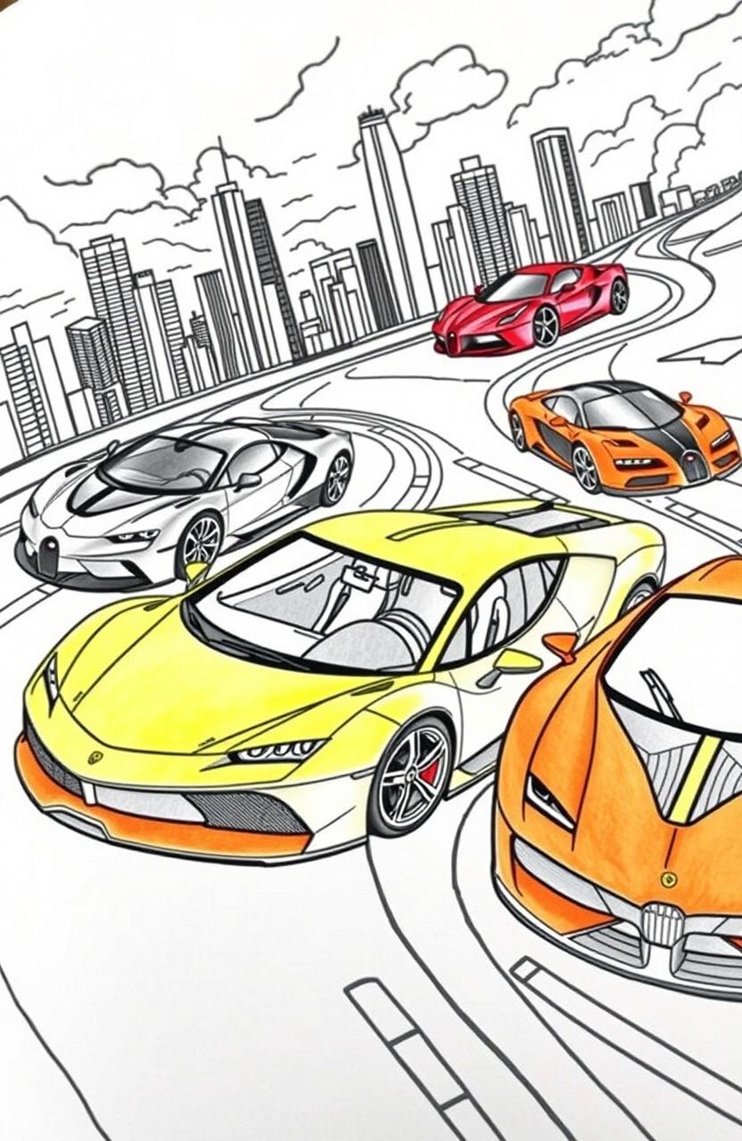 A captivating and detailed coloring book page featuring a variety of sleek and stylish supercars arranged in a dynamic composition