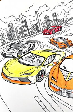 A captivating and detailed coloring book page featuring a variety of sleek and stylish supercars arranged in a dynamic composition