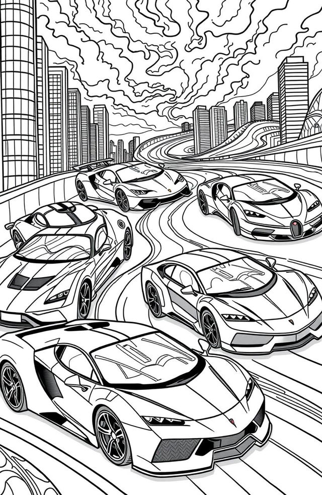 A captivating and detailed coloring book page featuring a variety of sleek and stylish supercars arranged in a dynamic composition