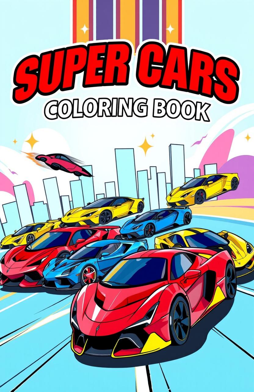 A vibrant and dynamic coloring book cover featuring a collection of sleek and futuristic supercars in various angles