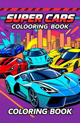 A vibrant and dynamic coloring book cover featuring a collection of sleek and futuristic supercars in various angles