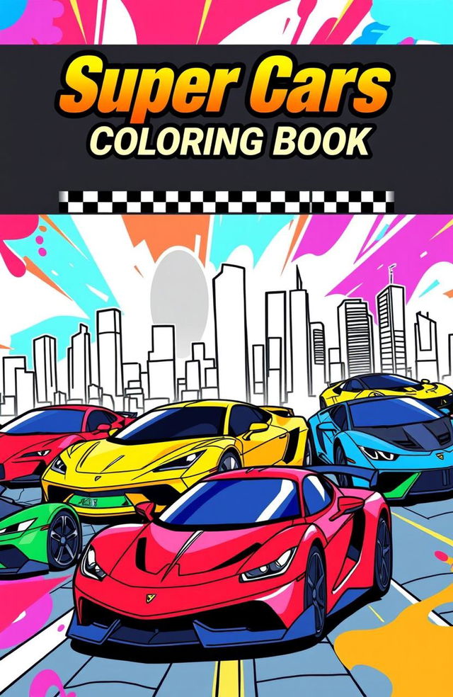 A vibrant and dynamic coloring book cover featuring a collection of sleek and futuristic supercars in various angles