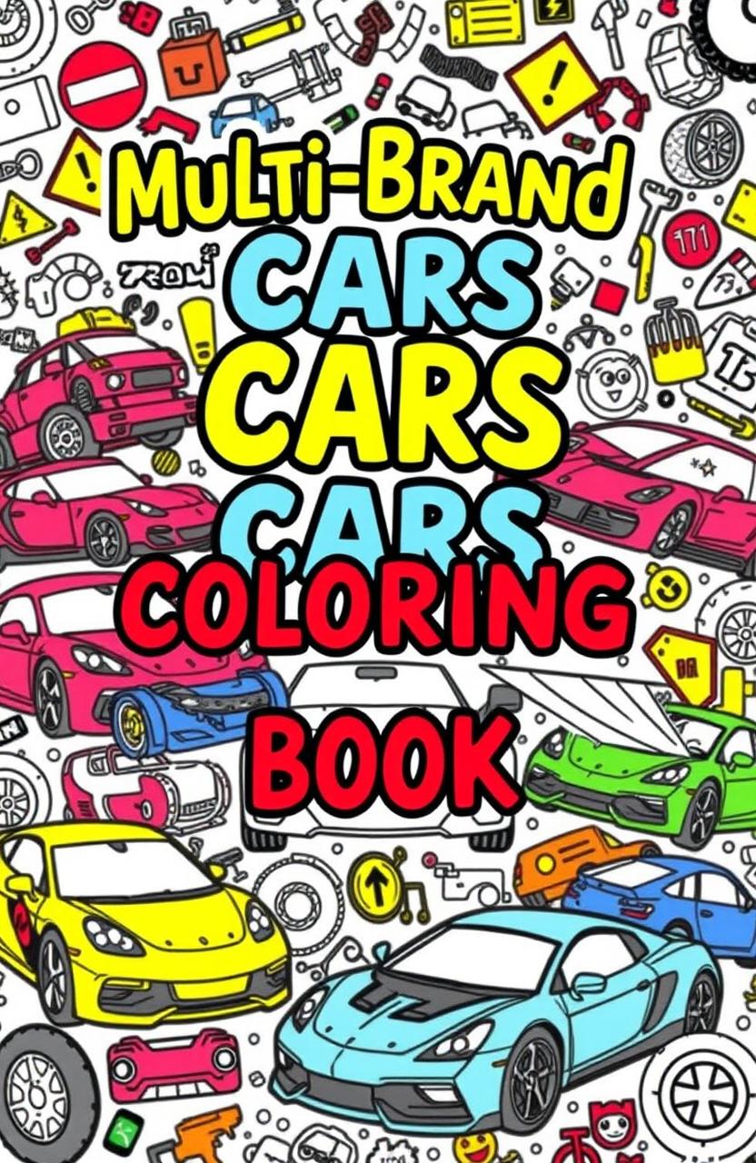 An artistic and vibrant coloring book cover featuring a dynamic collage of various multi-brand cars