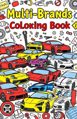 An artistic and vibrant coloring book cover featuring a dynamic collage of various multi-brand cars