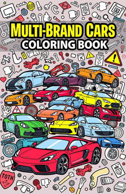 An artistic and vibrant coloring book cover featuring a dynamic collage of various multi-brand cars