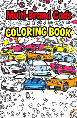 An artistic and vibrant coloring book cover featuring a dynamic collage of various multi-brand cars