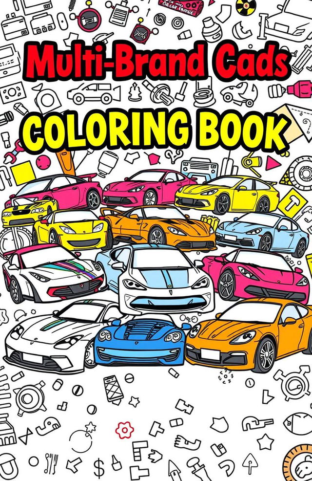 An artistic and vibrant coloring book cover featuring a dynamic collage of various multi-brand cars