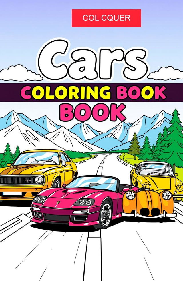 A vibrant and engaging coloring book cover featuring a variety of cars, including a classic muscle car, a sleek sports car, and a vintage convertible