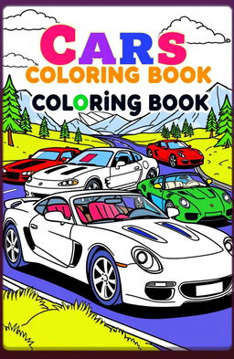 A vibrant and engaging coloring book cover featuring a variety of cars, including a classic muscle car, a sleek sports car, and a vintage convertible