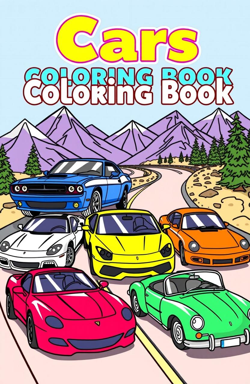 A vibrant and engaging coloring book cover featuring a variety of cars, including a classic muscle car, a sleek sports car, and a vintage convertible