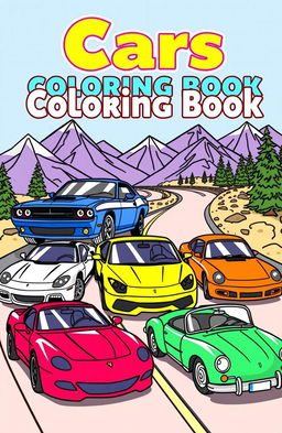 A vibrant and engaging coloring book cover featuring a variety of cars, including a classic muscle car, a sleek sports car, and a vintage convertible