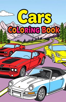 A vibrant and engaging coloring book cover featuring a variety of cars, including a classic muscle car, a sleek sports car, and a vintage convertible